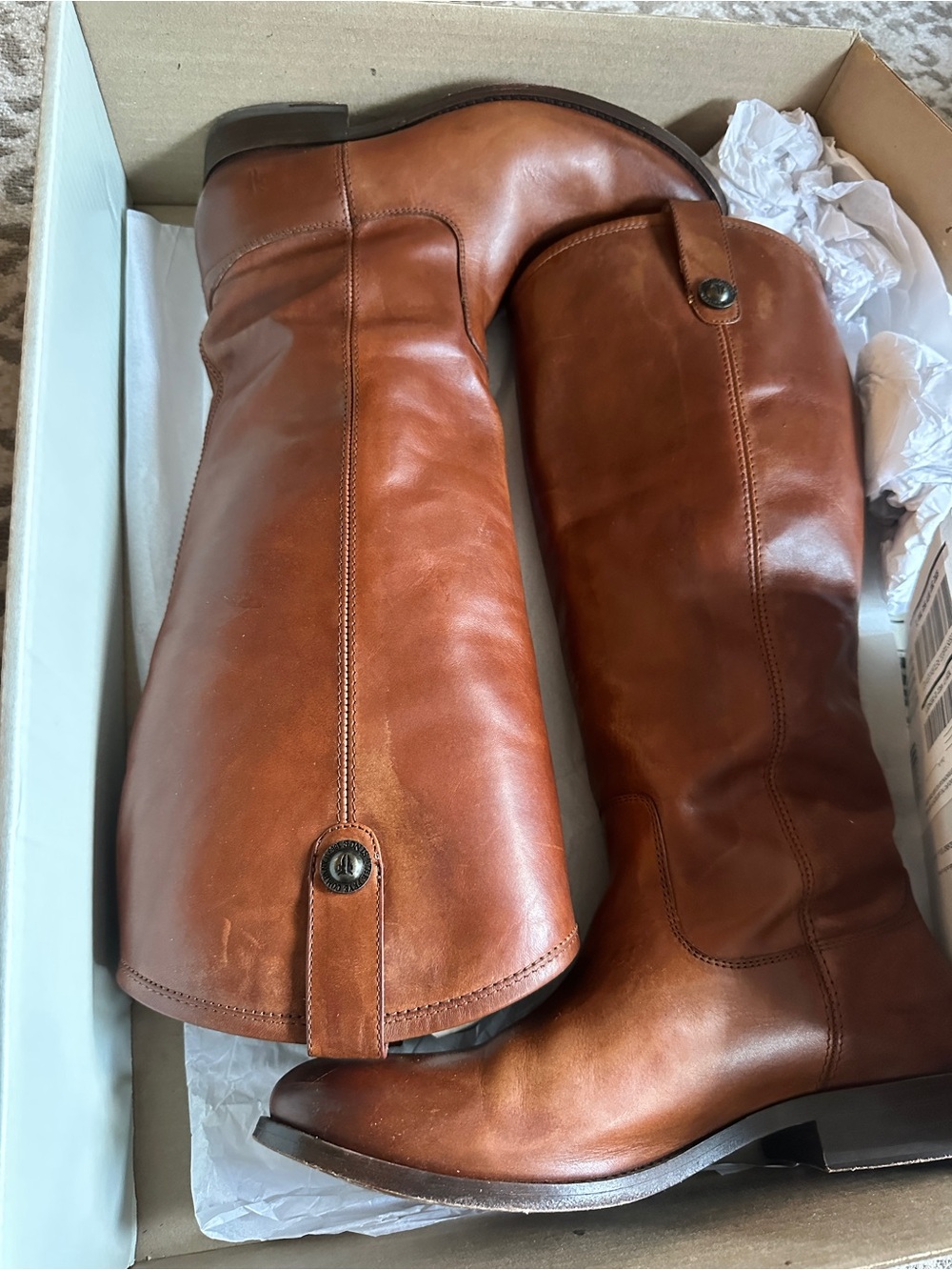 Frye Tall Riding Boots in Rich Cognac Brown Leather - Picture 2 of 5